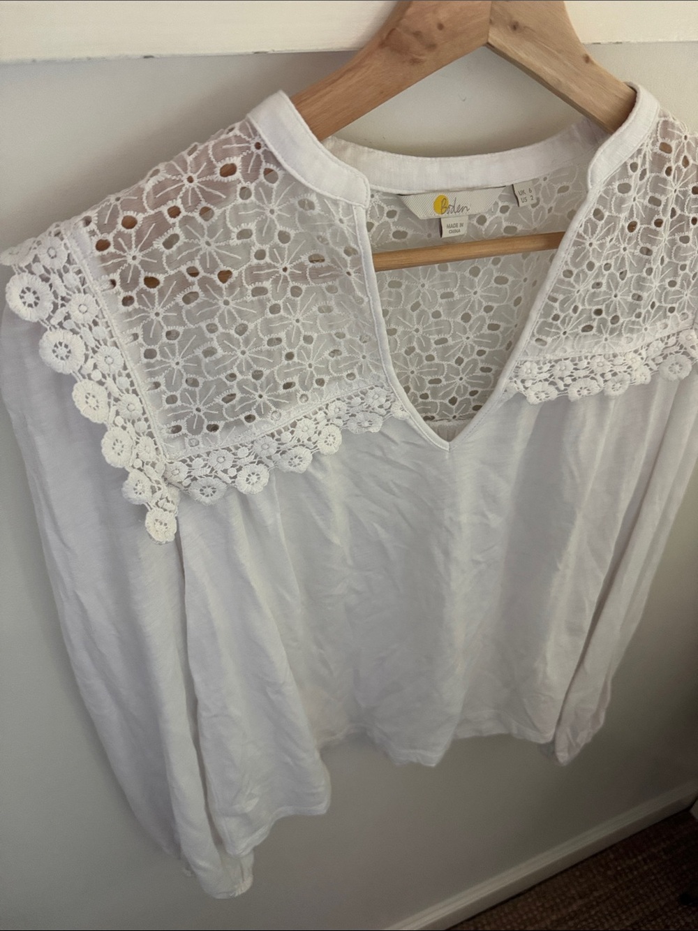Boden White Lace Yoke Blouse Long Sleeve Crochet Floral Cotton Modal Oversized 2 - Picture 2 of 7